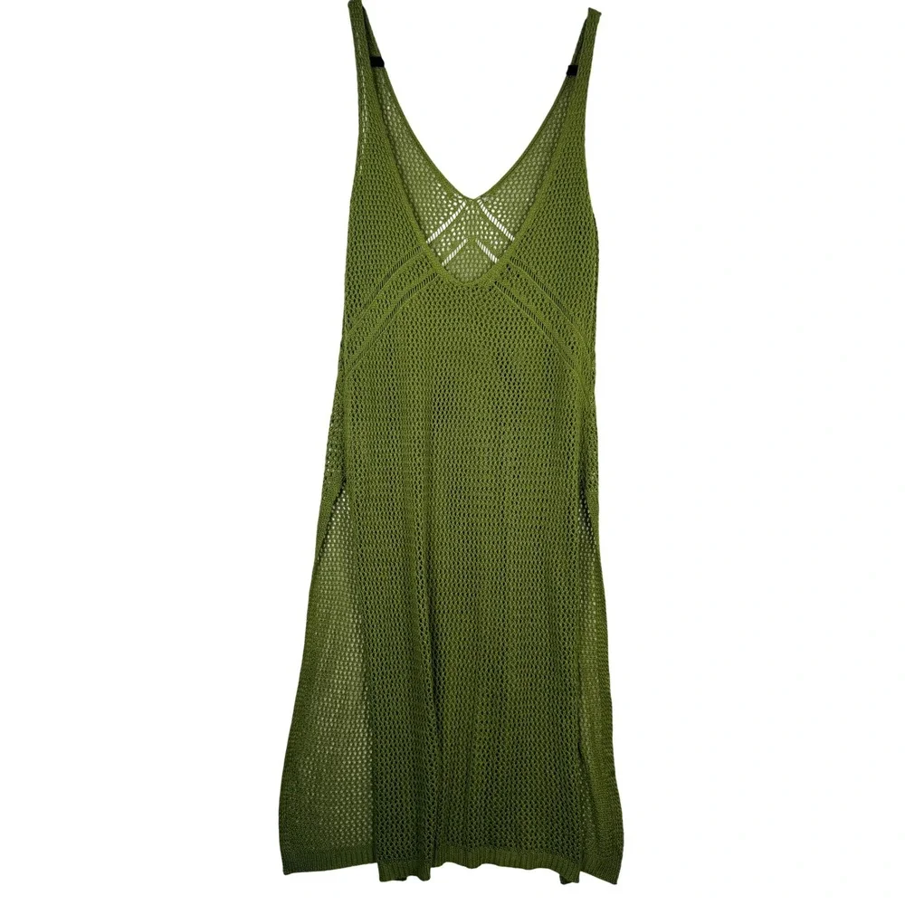 Olive Green Crochet Knit Sheer Midi Dress Beach Cover Up Sleeveless V-Neck Boho